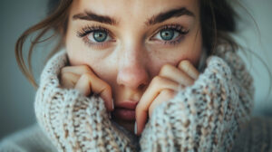 Mulher sentindo frio, agasalhada, com um zoom nos olhos.