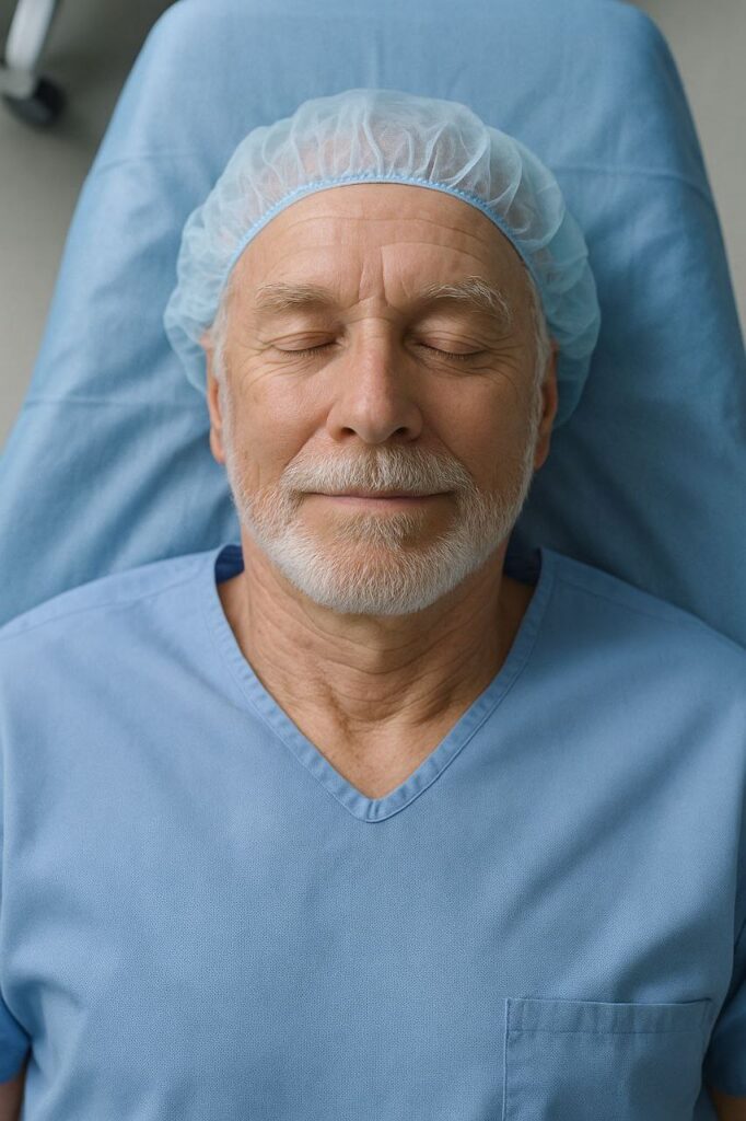 Paciente idoso preparado para realizar a injeção intravítrea